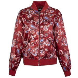 Hooey Women's Floral Print Satin Bomber Full Zip Jacket - Wine Red